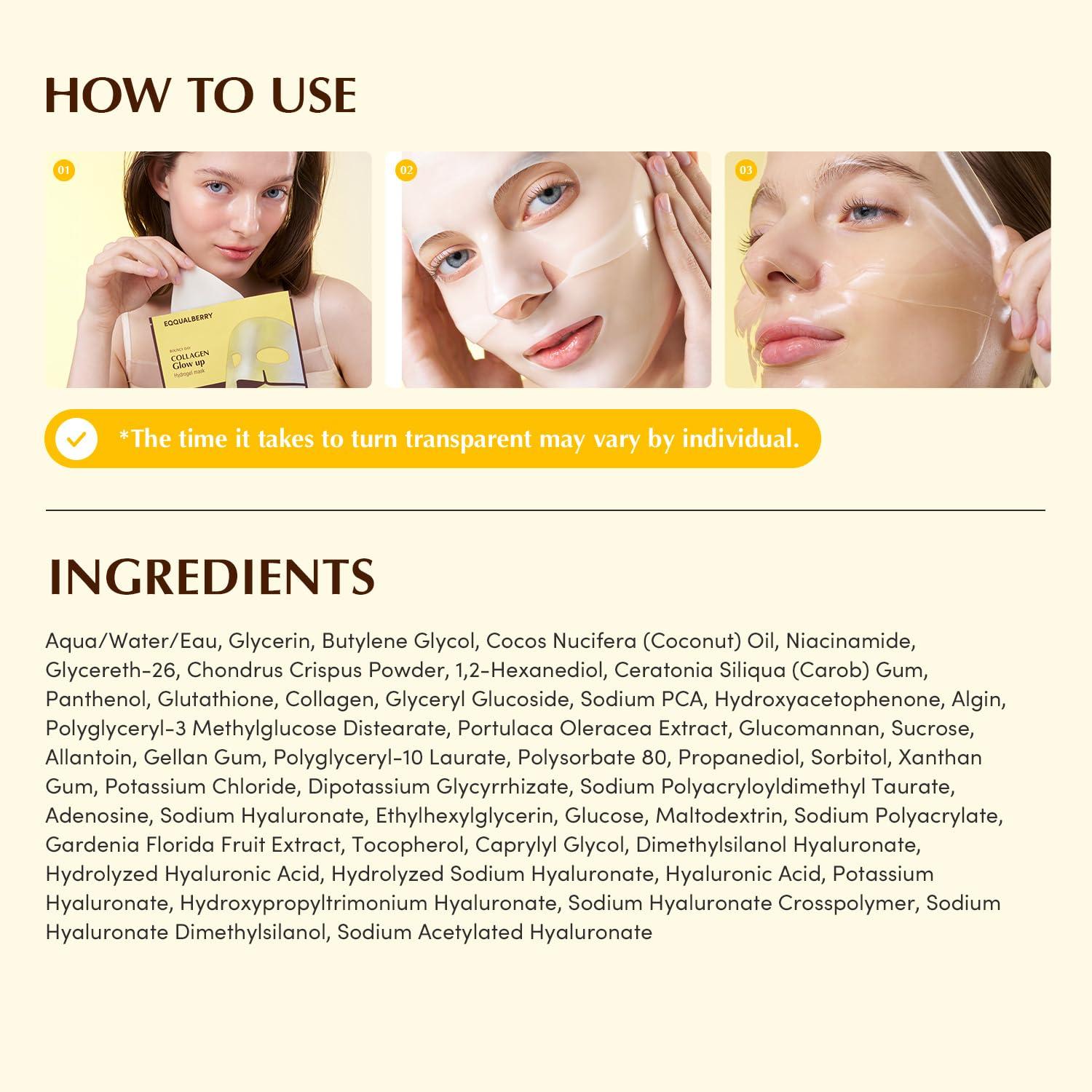 EQQUALBERRY Collagen Glow Up Hydrogel Mask 4ct 30g 8
